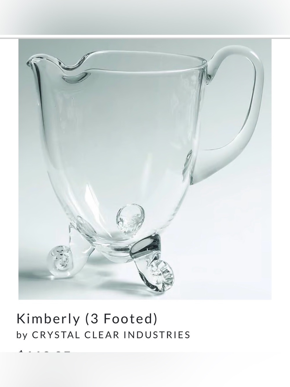 Crystal Clear Kimberly collection 3 curled Footed pitcher.